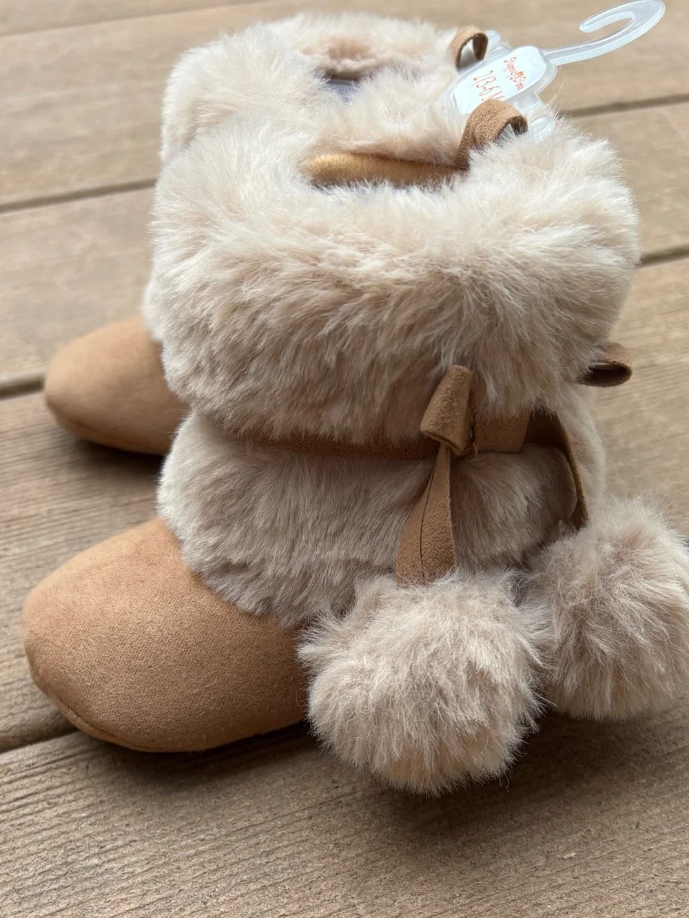 Kids Faux-Fur Pom Pom Booties - Tan